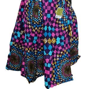 African Indian Print Skirt & Scarf Belt Geometic Pockets sz 14 Stretch New Belt